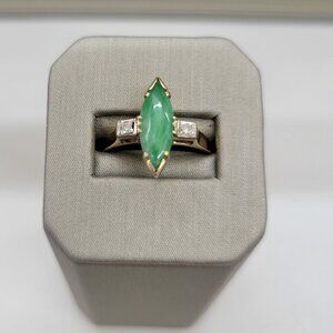 Marquise Shaped Jadeite Gemstone with 2 Melee Diamomds Ring - 14kt Yellow Gold